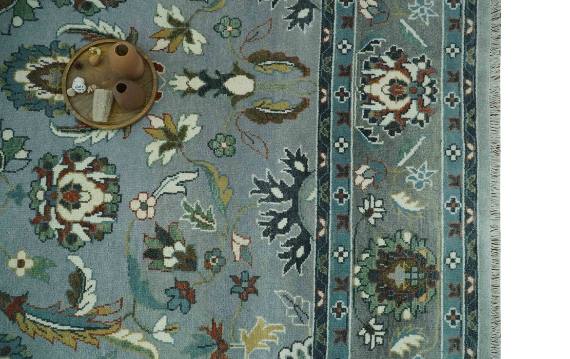 Floral Gray, Ivory, Brown and Green Hand Knotted Traditional Oushak 9x12 wool Rug