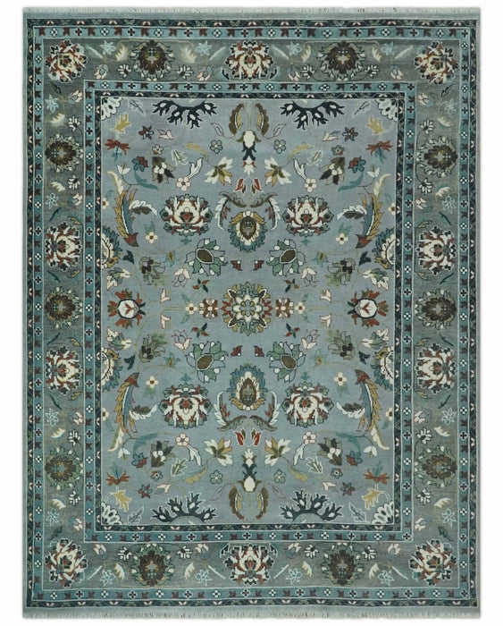 Floral Gray, Ivory, Brown and Green Hand Knotted Traditional Oushak 9x12 wool Rug