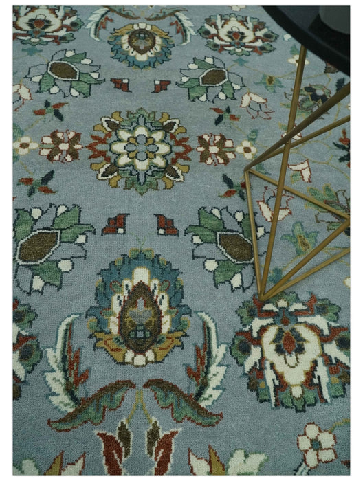 Floral Gray, Ivory, Brown and Green Hand Knotted Traditional Oushak 9x12 wool Rug