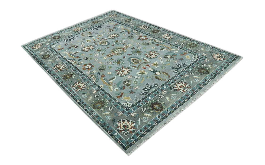 Floral Gray, Ivory, Brown and Green Hand Knotted Traditional Oushak 9x12 wool Rug