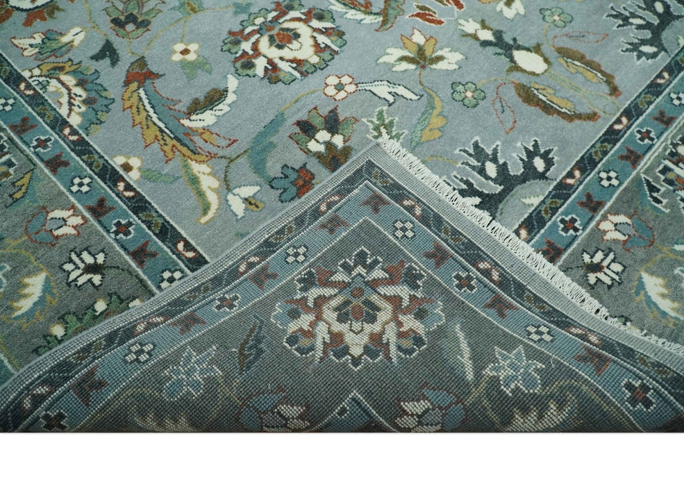 Floral Gray, Ivory, Brown and Green Hand Knotted Traditional Oushak 9x12 wool Rug