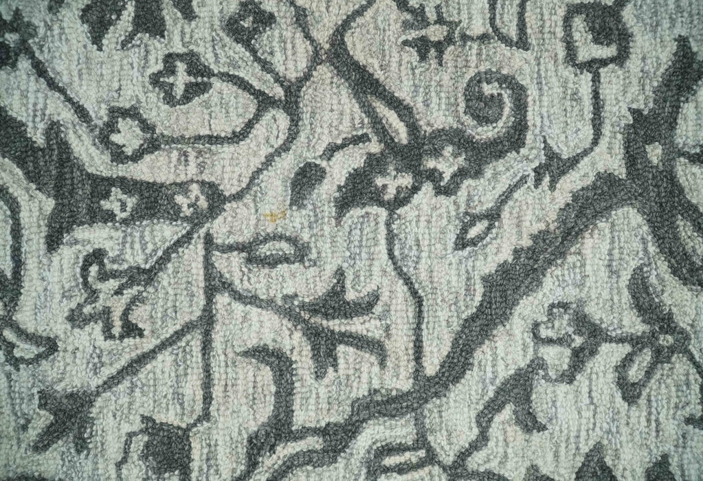 Floral Ivory and Charcoal Wool Hand Woven Layering Multi Size Area Rug