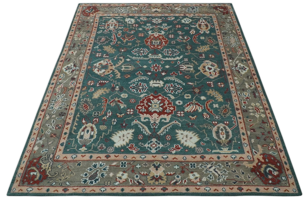 Floral Teal, Camel and Brown Hand Knotted Oriental Oushak Multi Size wool Area Rug