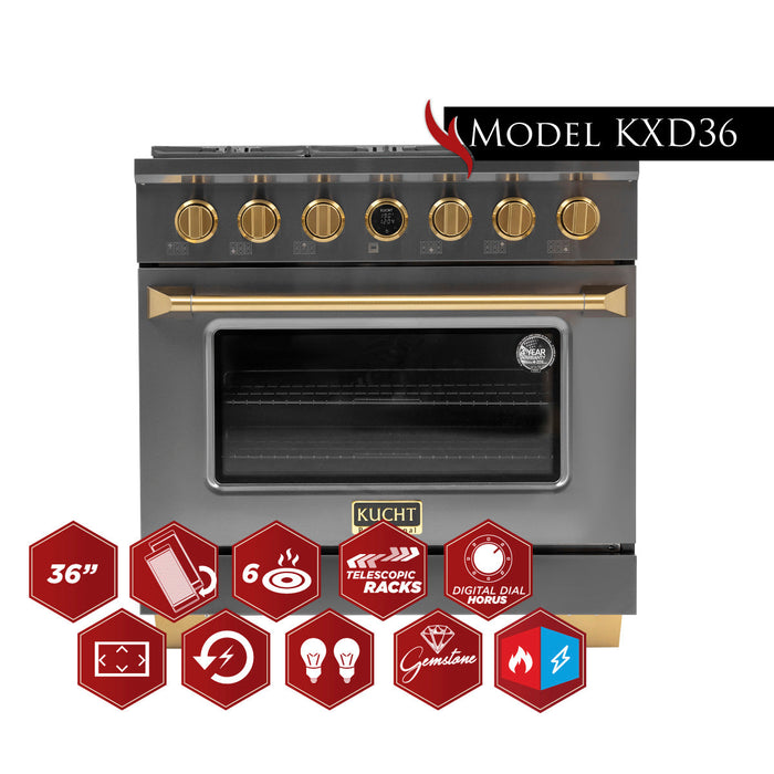 Kucht 36" 5.2 cu. ft. 6 Burner Natural Gas Dual Fuel Range in Titanium Stainless Steel with Digital Thermostat