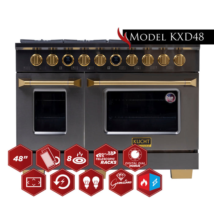 Kucht 48" 8 Burner Double Oven Natural Gas Dual Fuel Range in Titanium Stainless Steel with Digital Thermostat