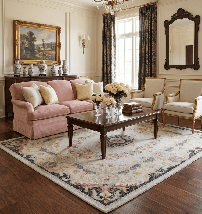 French Design Aubusson Custom Made Ivory, Light Green and Charcoal Hand Tufted wool Area Rug