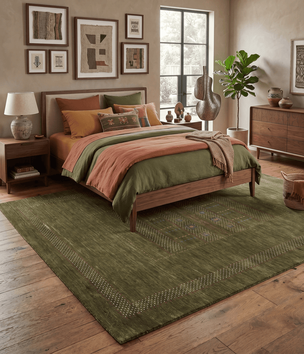 Gabbeh Design Hand Loomed Green Wool Area Rug