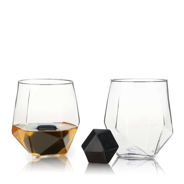 Seneca Faceted Crystal Tumbler and Basalt Hexagon Stone Set