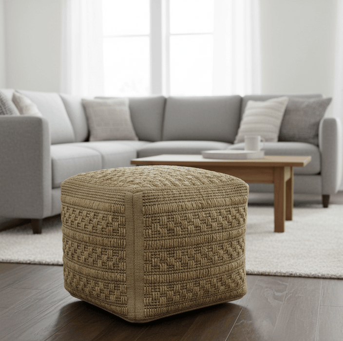 Geometrical Hand Woven Natural Brown and Black Textured jute Pouf