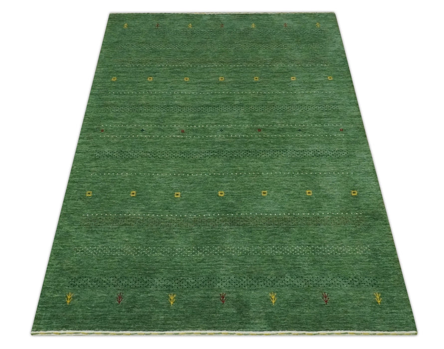 Geometrical Stripes Design Green, Ivory and Charcoal Hand loom 4.6x6.6 wool Area Rug