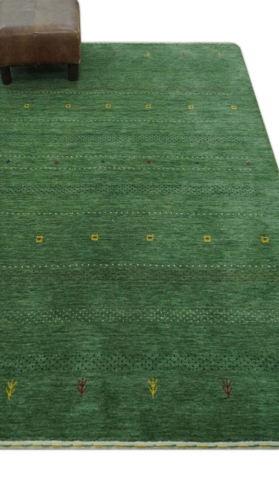 Geometrical Stripes Design Green, Ivory and Charcoal Hand loom 4.6x6.6 wool Area Rug
