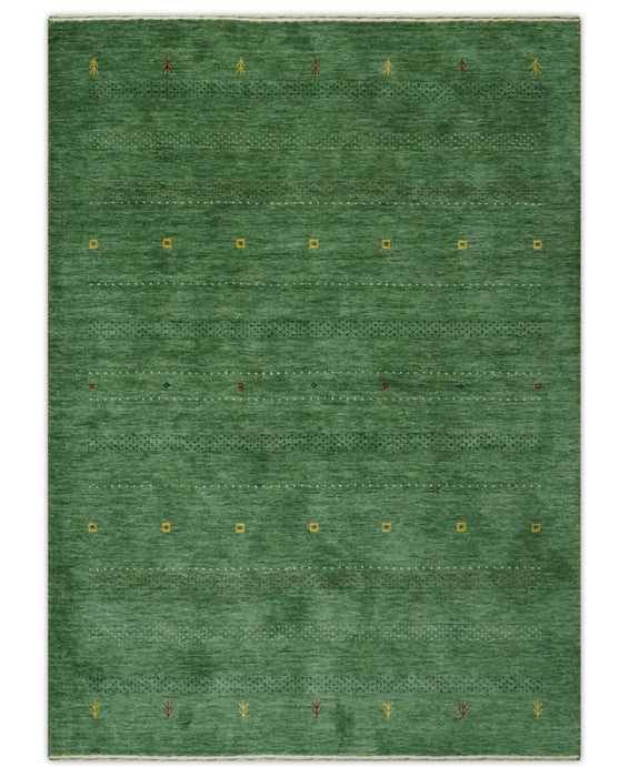 Geometrical Stripes Design Green, Ivory and Charcoal Hand loom 4.6x6.6 wool Area Rug