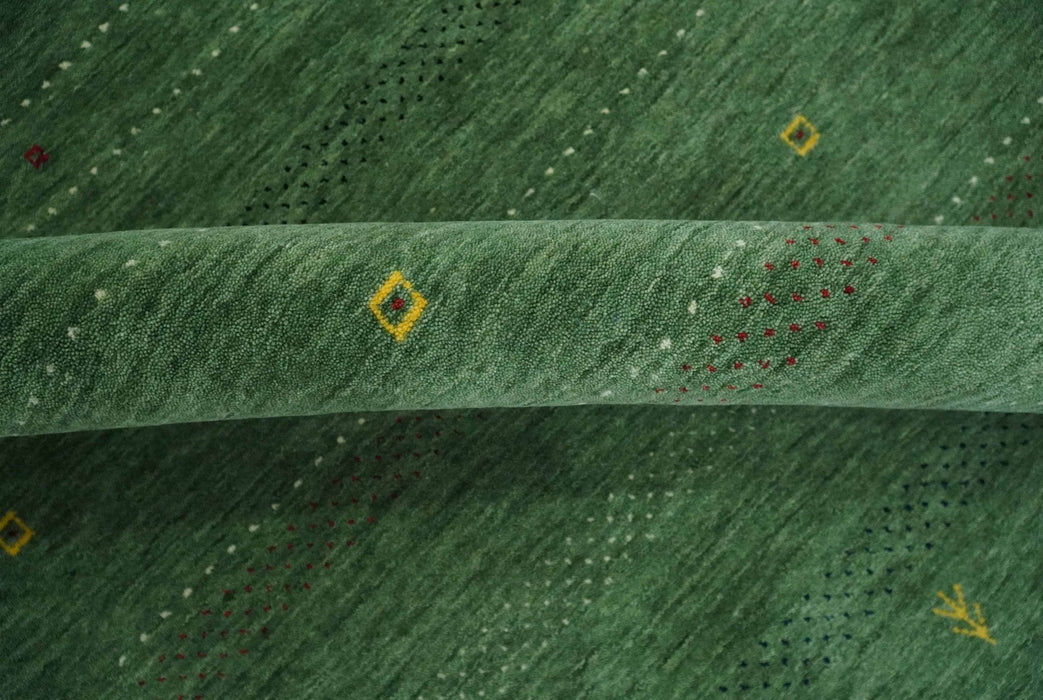 Geometrical Stripes Design Green, Ivory and Charcoal Hand loom 4.6x6.6 wool Area Rug