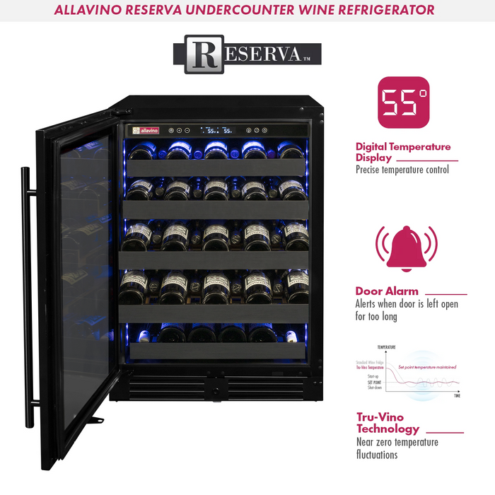 Reserva Series 50 Bottle 34" Tall Single Zone Left Hinge Black Stainless Steel Wine Cooler Refrigerator