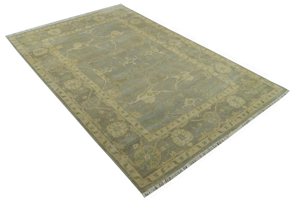 Gray And Beige Traditional Oushak Design Hand Knotted 5.6x8.6 wool area rug