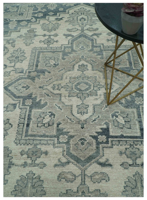 Gray And Beige Turkish Design Hand Knotted Custom Made Wool And Linen Rug