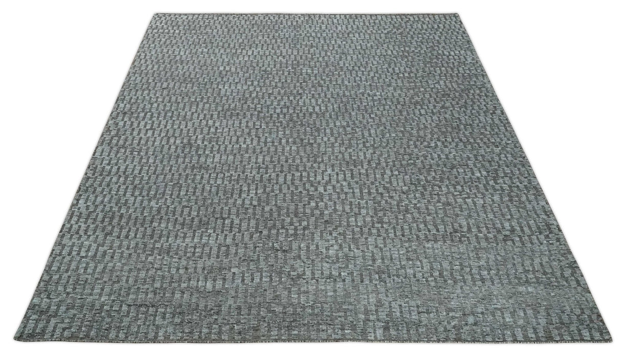 Gray and Charcoal Geometrical Bricks Design Hand carved Texture Hand Knotted 10x14 Wool and Silk Area Rug