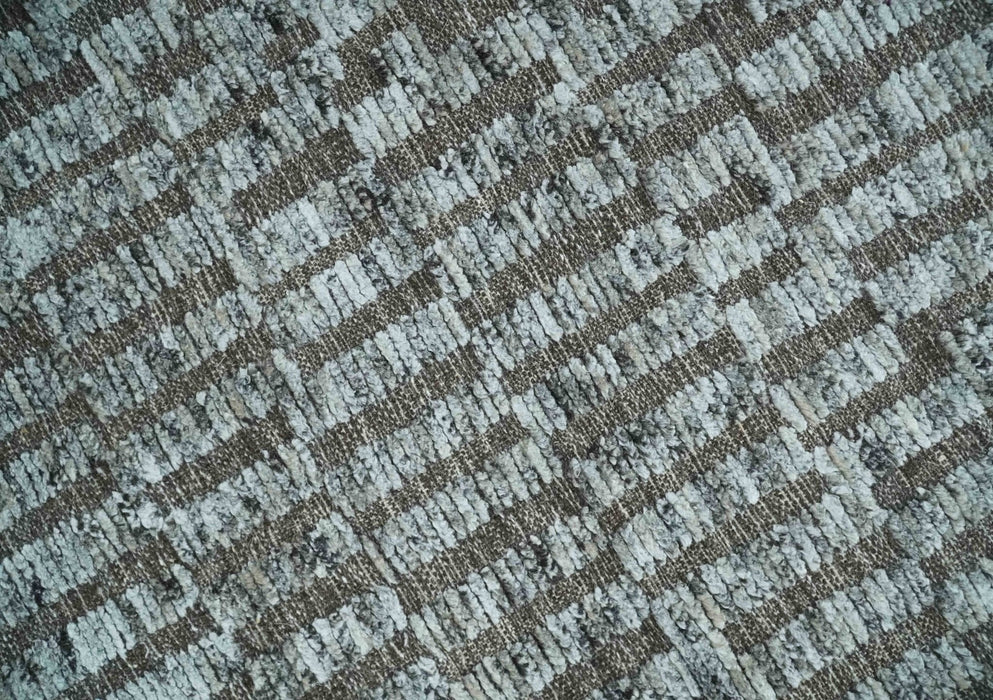 Gray and Charcoal Geometrical Bricks Design Hand carved Texture Hand Knotted 10x14 Wool and Silk Area Rug