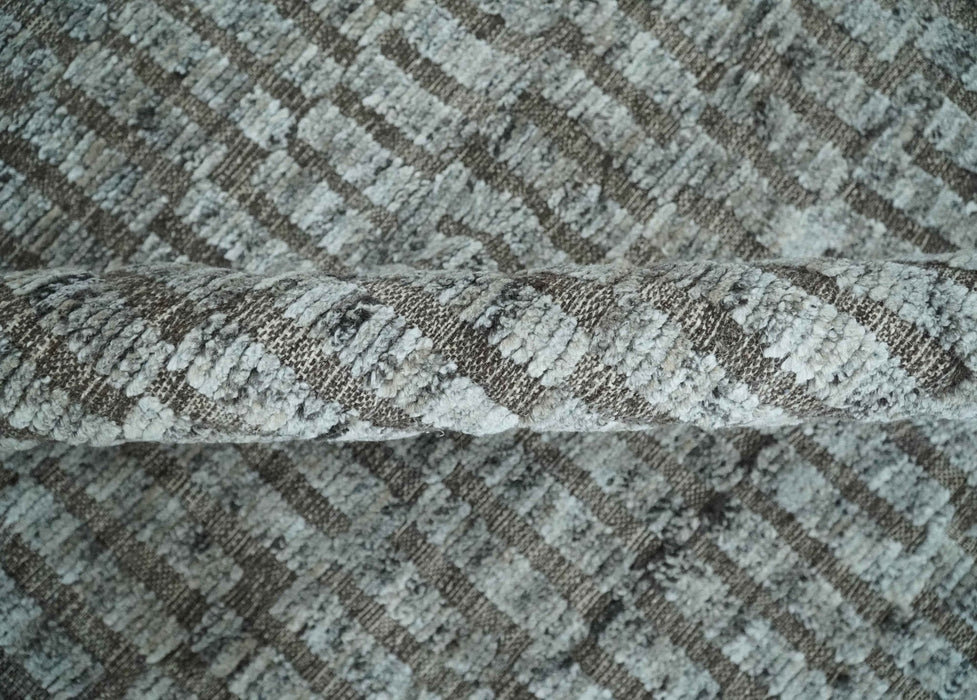 Gray and Charcoal Geometrical Bricks Design Hand carved Texture Hand Knotted 10x14 Wool and Silk Area Rug