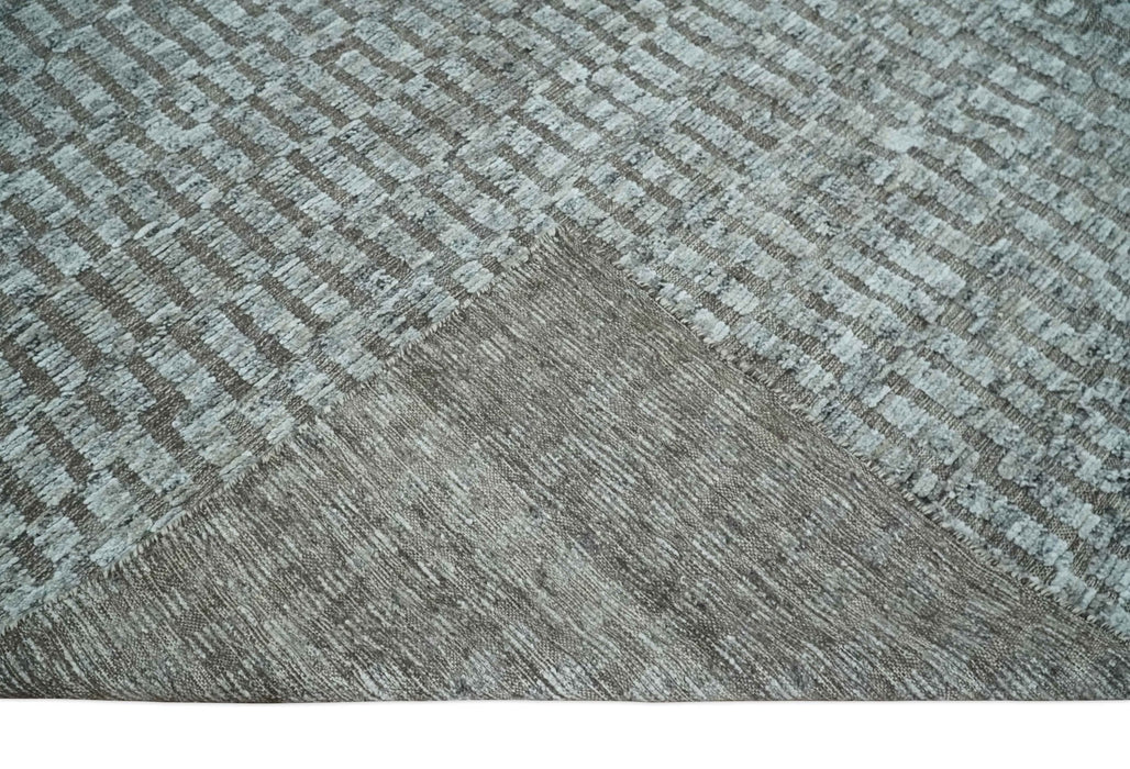 Gray and Charcoal Geometrical Bricks Design Hand carved Texture Hand Knotted 10x14 Wool and Silk Area Rug