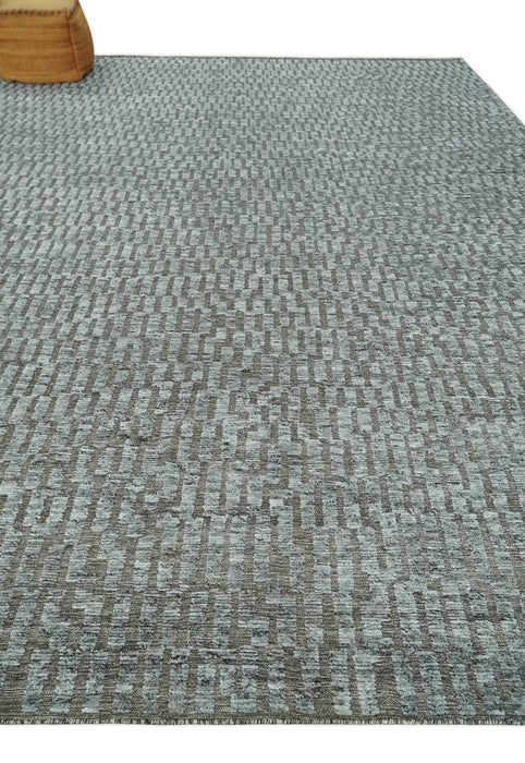 Gray and Charcoal Geometrical Bricks Design Hand carved Texture Hand Knotted 10x14 Wool and Silk Area Rug