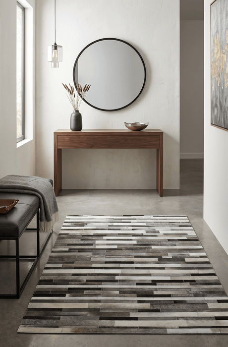 Gray and Silver Handmade 5x8 Stripe Design Leather Area Rug