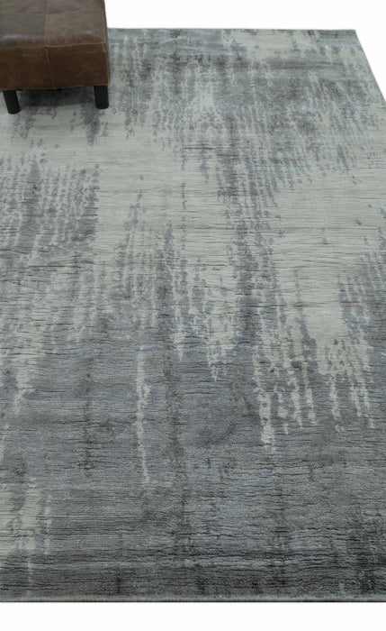 Gray And Silver Modern Abstract Design Hand Knotted Bamboo Silk Area Rug