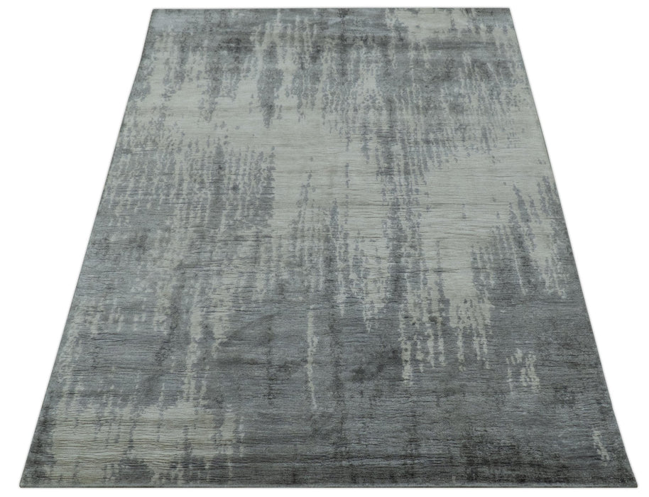 Gray And Silver Modern Abstract Design Hand Knotted Bamboo Silk Area Rug