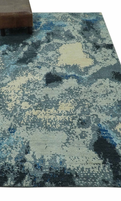 Gray, Blue and Black Modern Abstract 5x8 Hand Knotted wool area rug