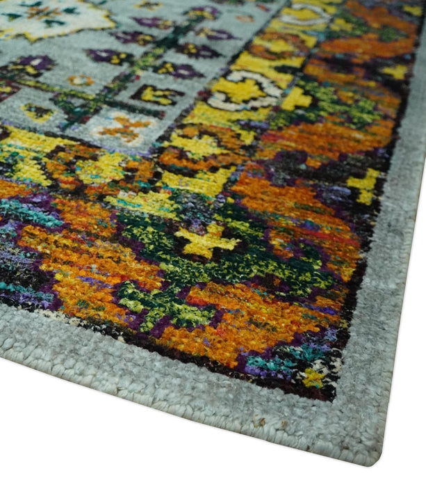 Gray, Gold and Mustard 5.6x8.6 Hand Knotted Traditional Oushak wool Area Rug