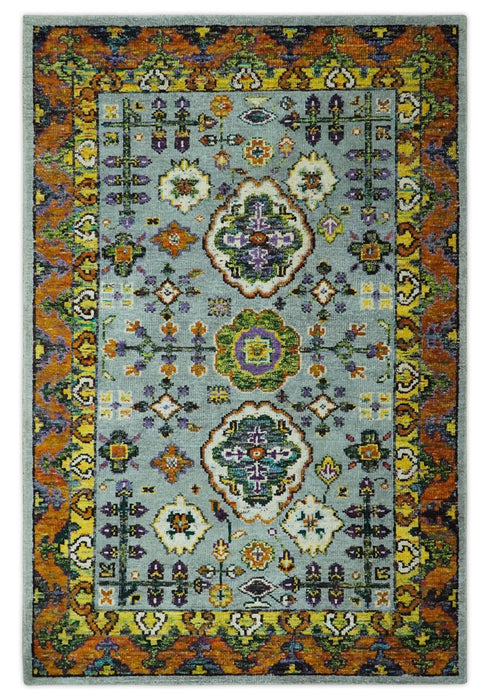 Gray, Gold and Mustard 5.6x8.6 Hand Knotted Traditional Oushak wool Area Rug