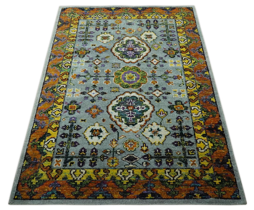 Gray, Gold and Mustard 5.6x8.6 Hand Knotted Traditional Oushak wool Area Rug