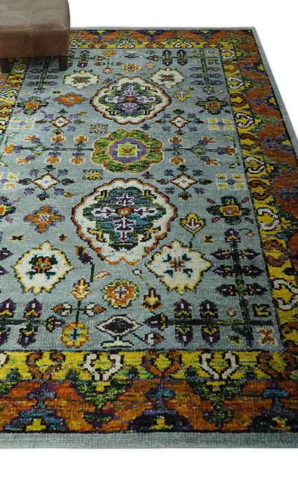 Gray, Gold and Mustard 5.6x8.6 Hand Knotted Traditional Oushak wool Area Rug