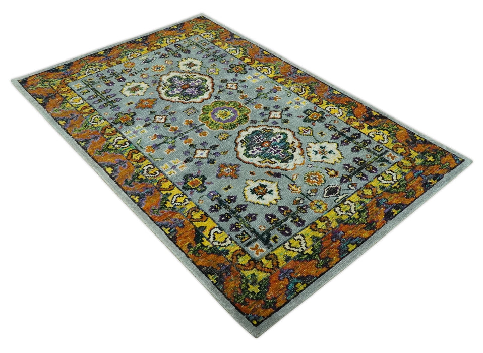 Gray, Gold and Mustard 5.6x8.6 Hand Knotted Traditional Oushak wool Area Rug