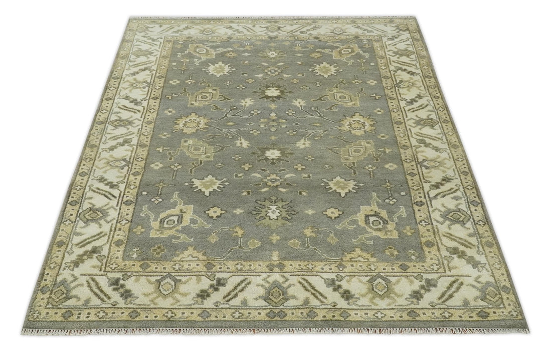 Gray, Ivory and Beige 6x8.8 Hand Knotted Traditional Oushak wool area rug