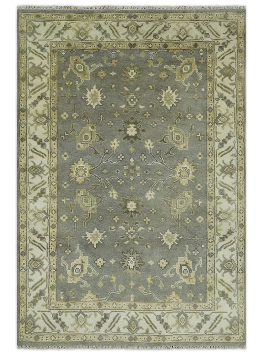 Gray, Ivory and Beige 6x8.8 Hand Knotted Traditional Oushak wool area rug