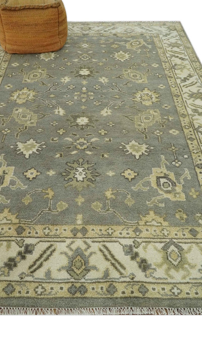 Gray, Ivory and Beige 6x8.8 Hand Knotted Traditional Oushak wool area rug