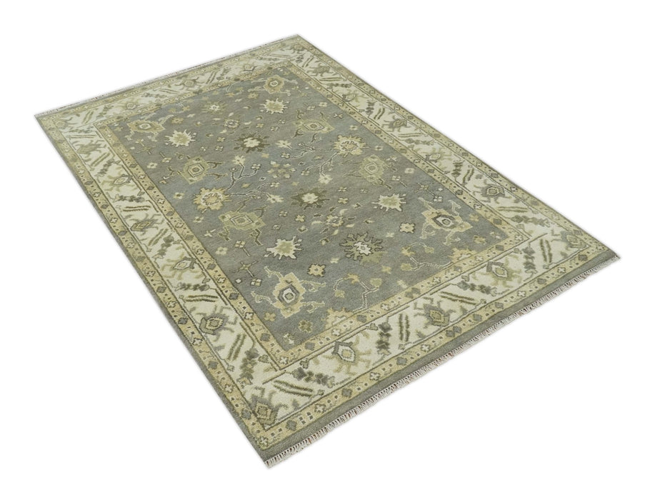 Gray, Ivory and Beige 6x8.8 Hand Knotted Traditional Oushak wool area rug
