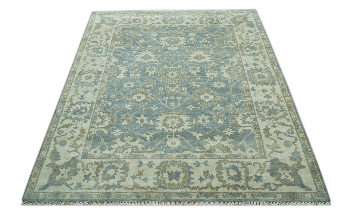 Gray, Ivory and Green Hand Knotted Traditional Oriental Oushak 9x12 wool Area Rug