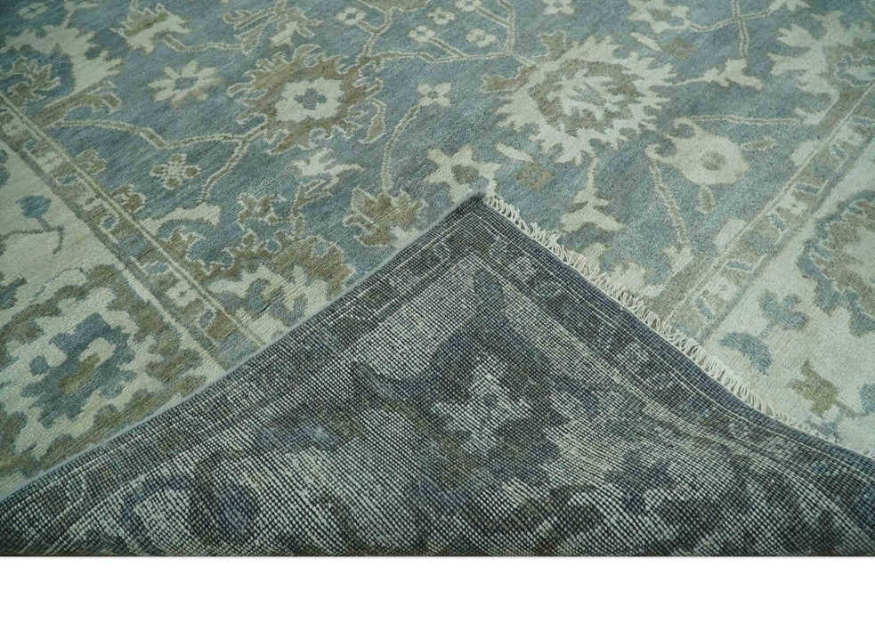 Gray, Ivory and Green Hand Knotted Traditional Oriental Oushak 9x12 wool Area Rug