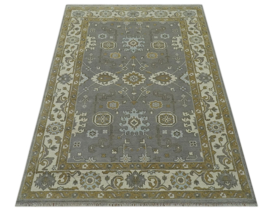 Gray, Ivory and Olive 6x9 Hand Knotted Traditional Oushak wool area rug