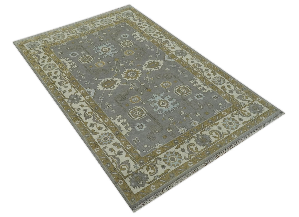 Gray, Ivory and Olive 6x9 Hand Knotted Traditional Oushak wool area rug