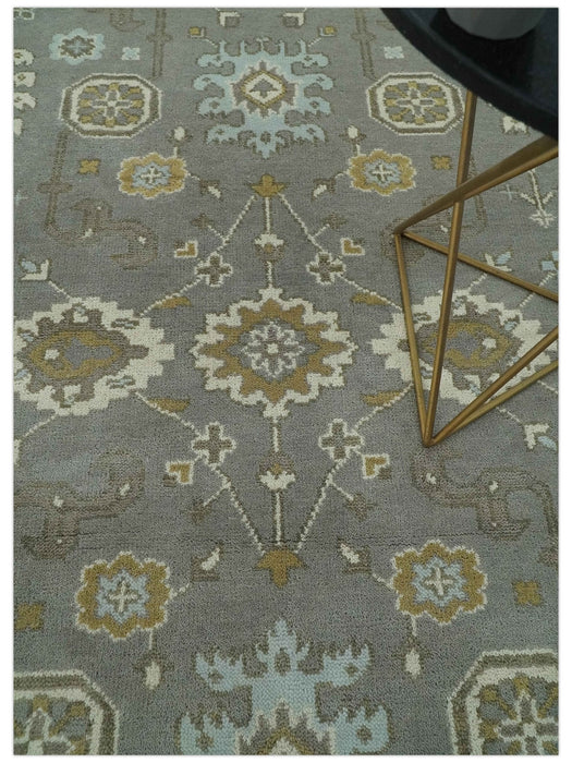 Gray, Ivory and Olive 6x9 Hand Knotted Traditional Oushak wool area rug