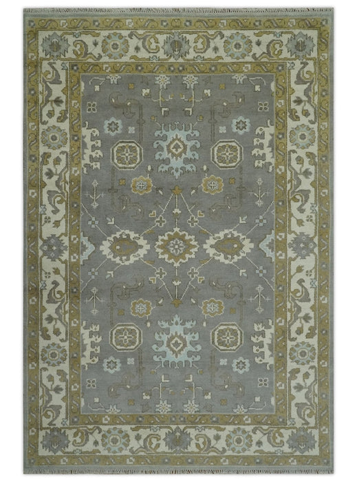 Gray, Ivory and Olive 6x9 Hand Knotted Traditional Oushak wool area rug