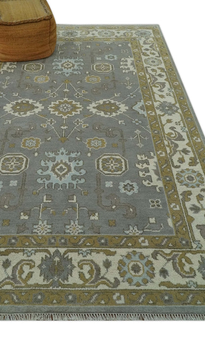 Gray, Ivory and Olive 6x9 Hand Knotted Traditional Oushak wool area rug