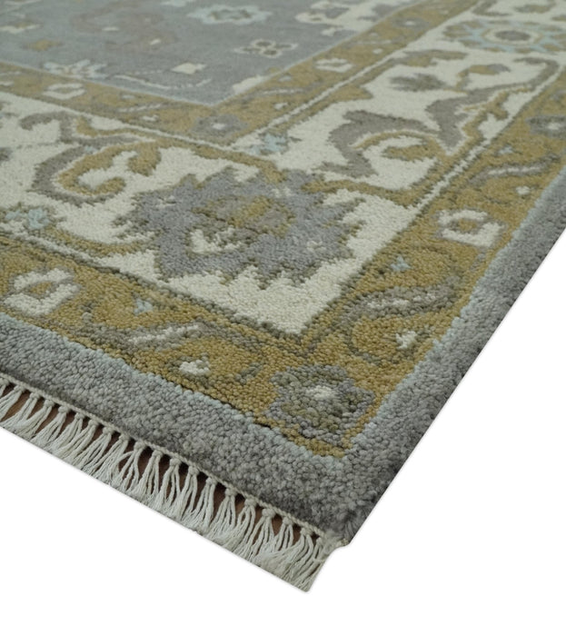 Gray, Ivory and Olive 6x9 Hand Knotted Traditional Oushak wool area rug