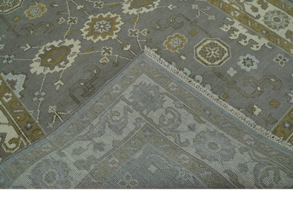 Gray, Ivory and Olive 6x9 Hand Knotted Traditional Oushak wool area rug