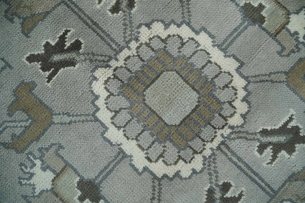 Gray, Ivory, Olive and Charcoal Hand Knotted Medallion 8x10 Traditional Oushak wool Area Rug