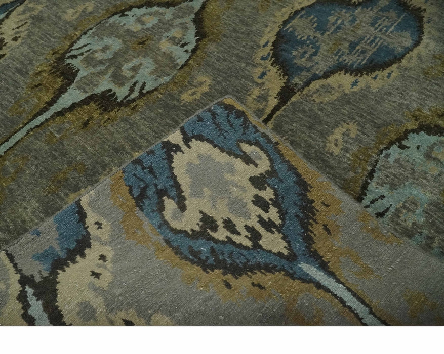 Gray, Teal, Beige and Silver Antique Ikat Design 8x10 wool Area Rug