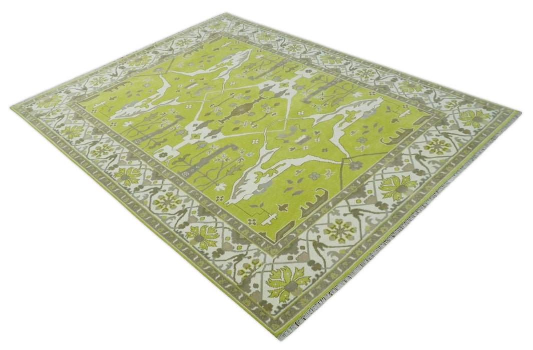 Green and Ivory Hand knotted Oriental Oushak Multi Size wool Area Rug